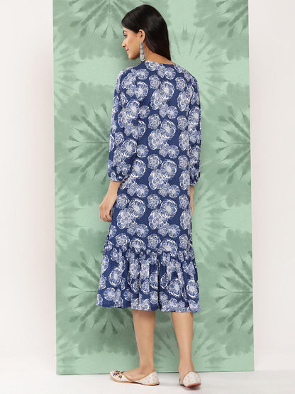 Janasya Women's Blue Crepe Digital Floral Printed A-Line Casual Dress