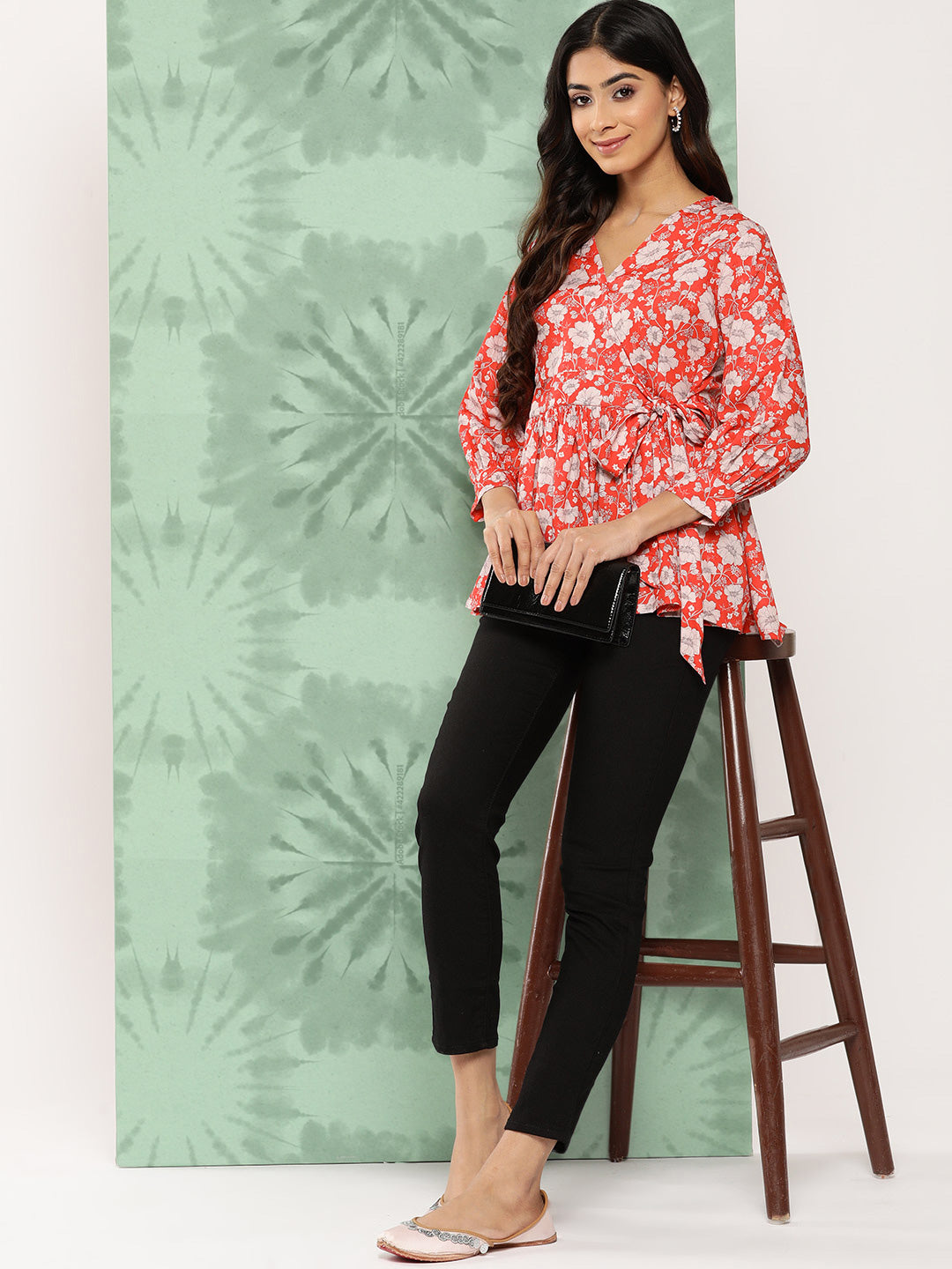 Janasya Women's Orange Crepe Digital Floral Print Casual Peplum Top