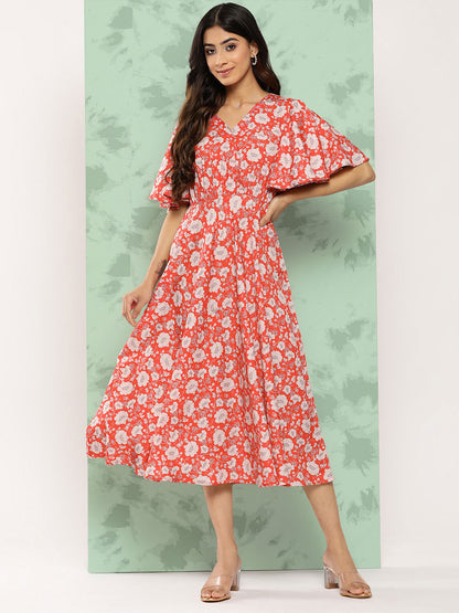 Janasya Women's Orange Crepe Digital Printed Flared Casual Dress