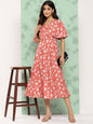 Janasya Women's Orange Crepe Digital Printed Flared Casual Dress