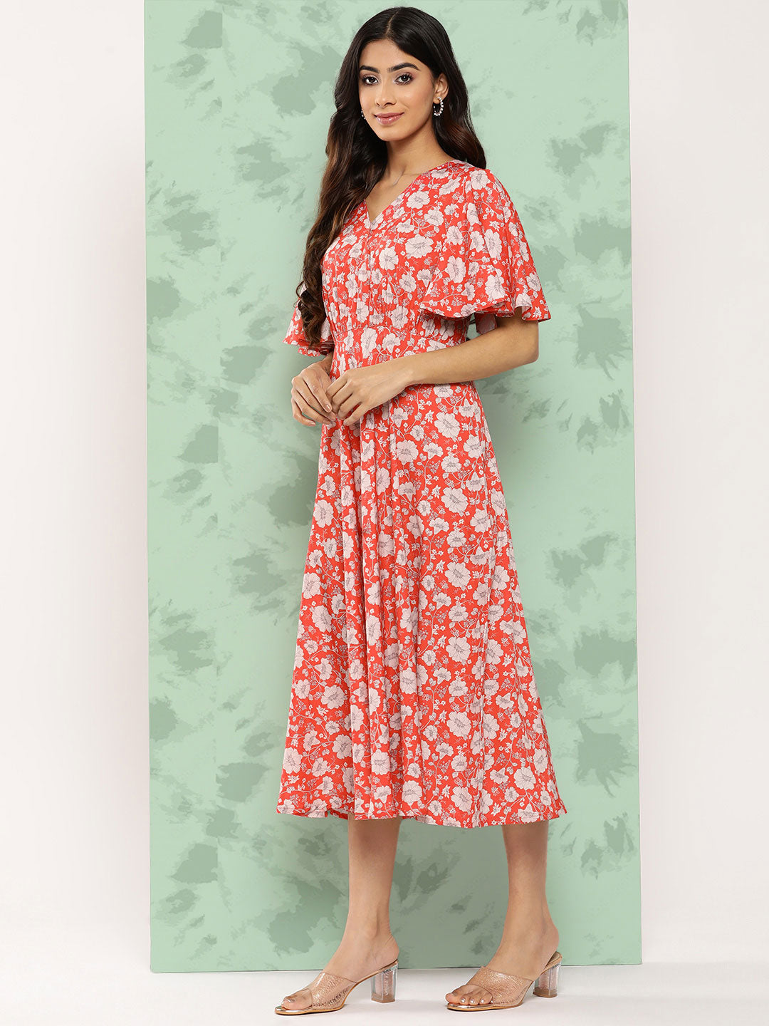 Janasya Women's Orange Crepe Digital Printed Flared Casual Dress