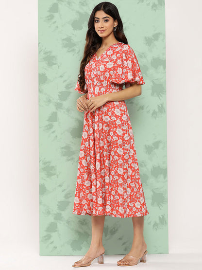 Janasya Women's Orange Crepe Digital Printed Flared Casual Dress