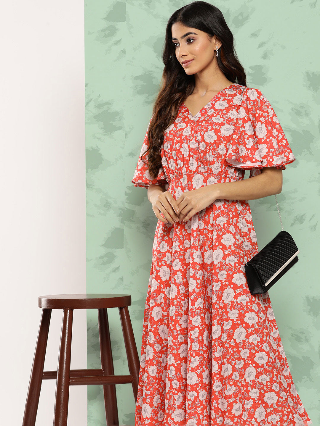 Janasya Women's Orange Crepe Digital Printed Flared Casual Dress