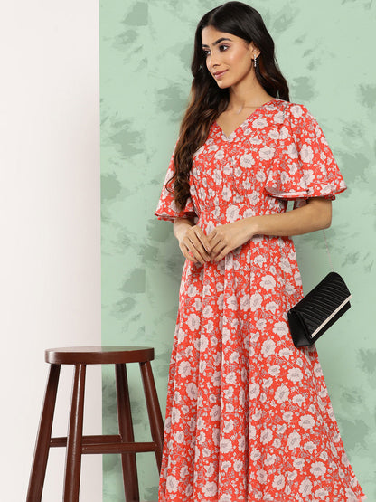 Janasya Women's Orange Crepe Digital Printed Flared Casual Dress