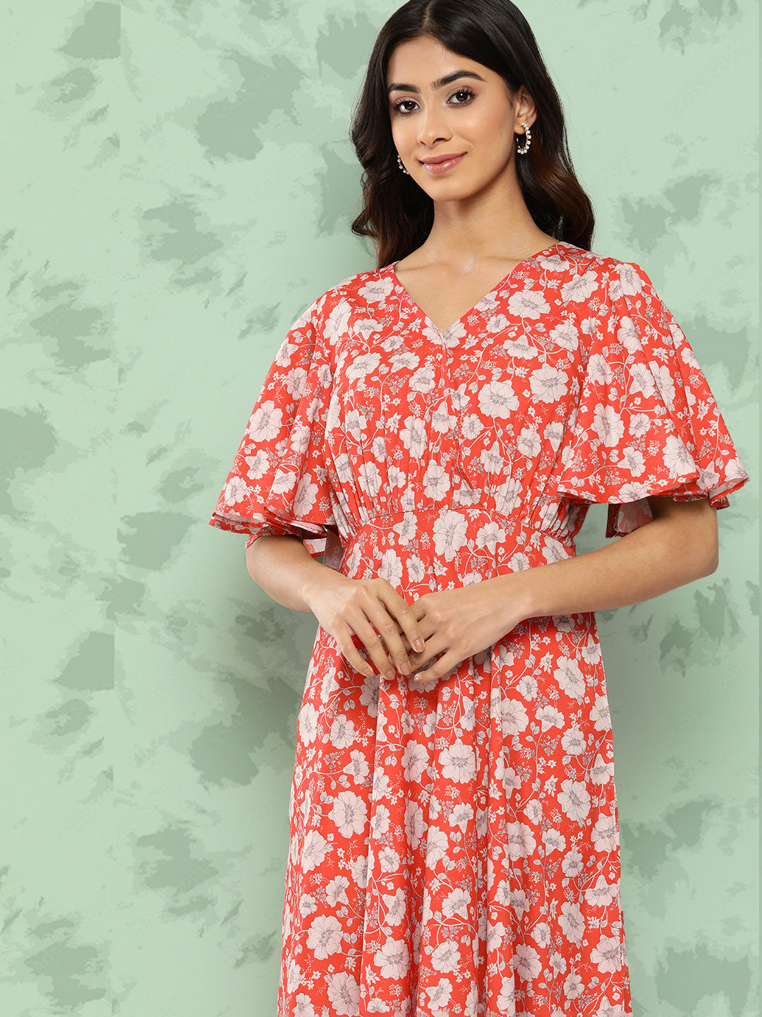 Janasya Women's Orange Crepe Digital Printed Flared Casual Dress