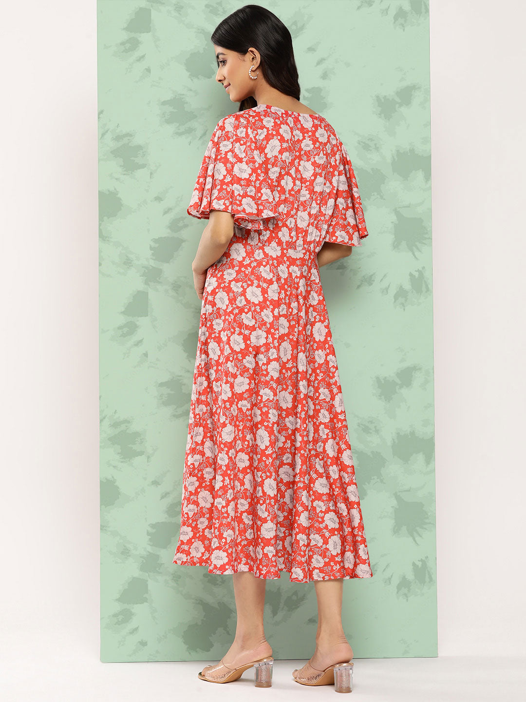 Janasya Women's Orange Crepe Digital Printed Flared Casual Dress
