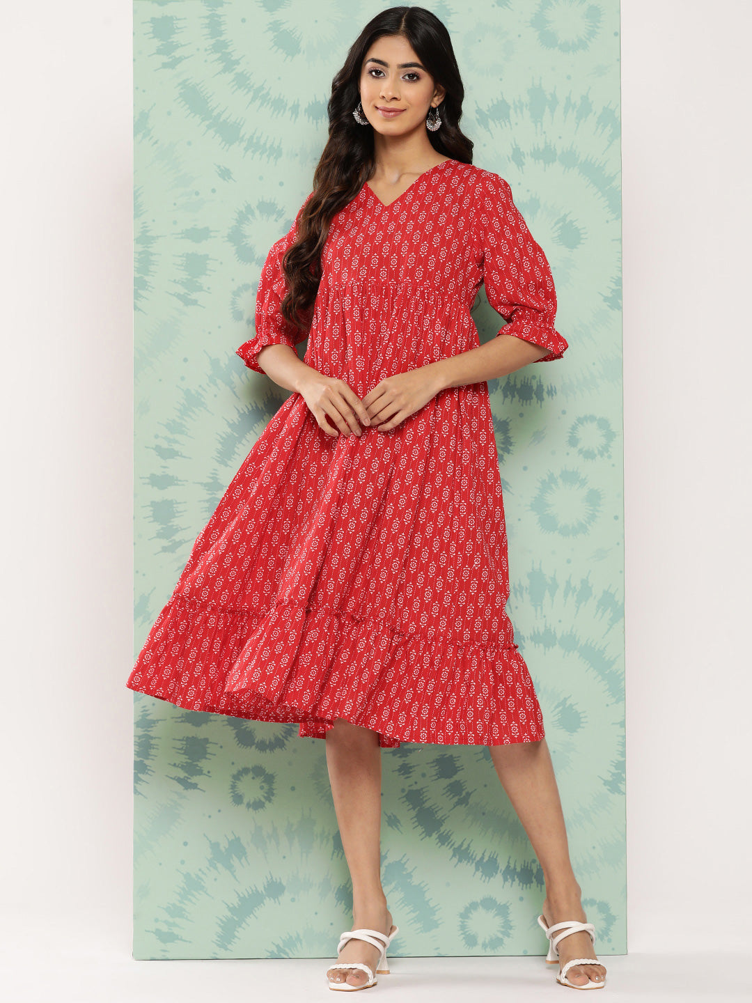 Janasya Women's Red Cotton Ethnic Motifs Printed Flared Casual Dress