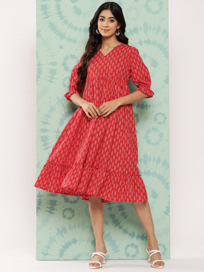 Janasya Women's Red Cotton Ethnic Motifs Printed Flared Casual Dress