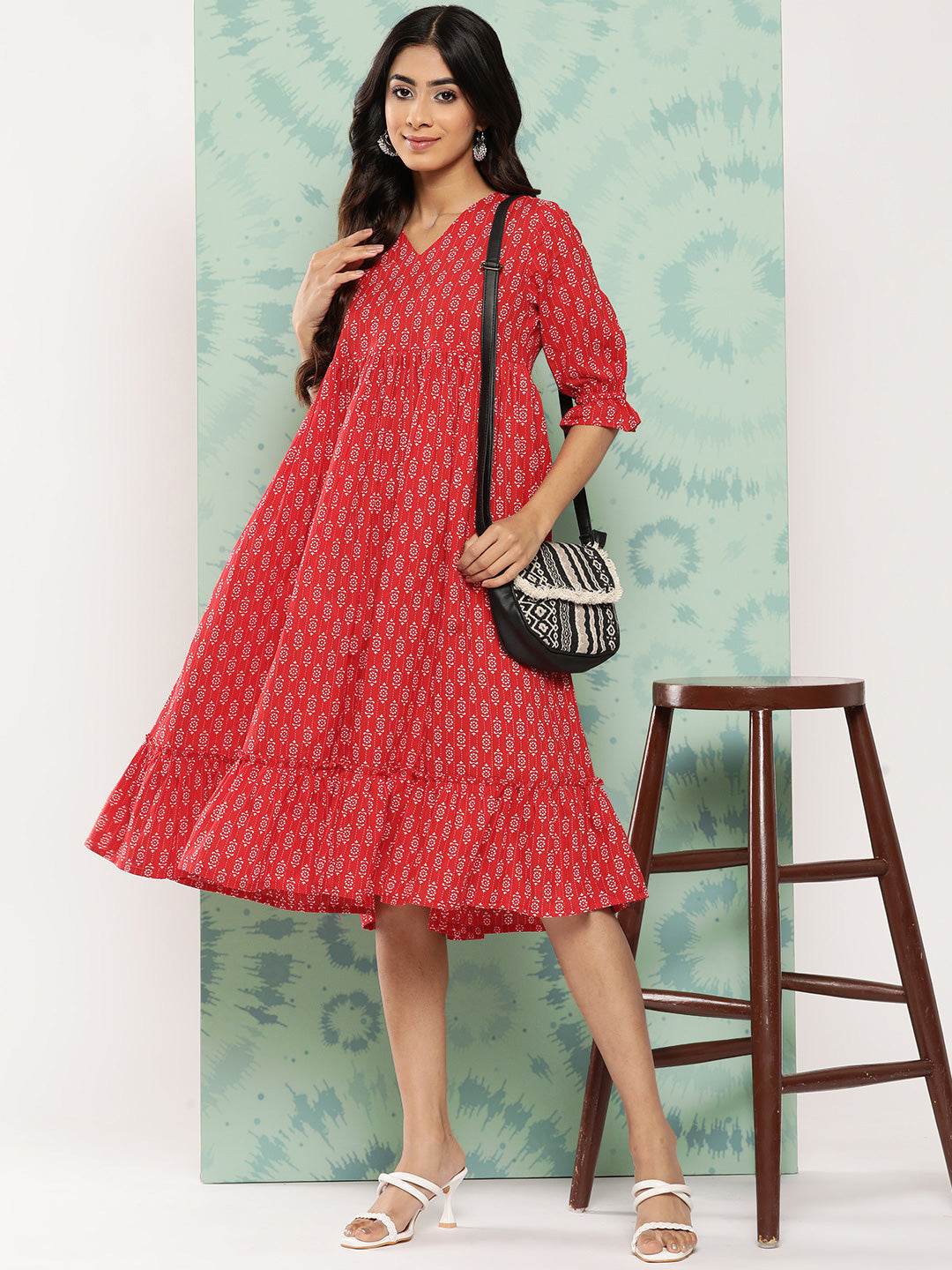 Janasya Women's Red Cotton Ethnic Motifs Printed Flared Casual Dress