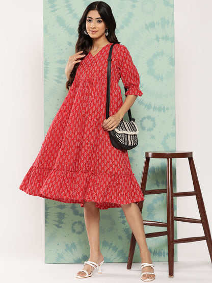 Janasya Women's Red Cotton Ethnic Motifs Printed Flared Casual Dress