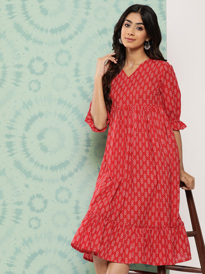 Janasya Women's Red Cotton Ethnic Motifs Printed Flared Casual Dress