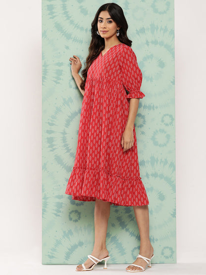 Janasya Women's Red Cotton Ethnic Motifs Printed Flared Casual Dress