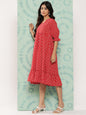 Janasya Women's Red Cotton Ethnic Motifs Printed Flared Casual Dress