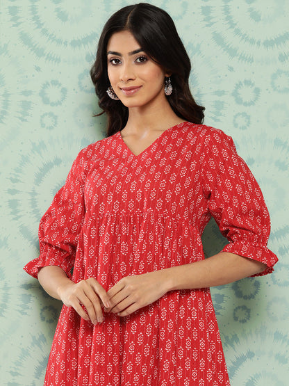 Janasya Women's Red Cotton Ethnic Motifs Printed Flared Casual Dress