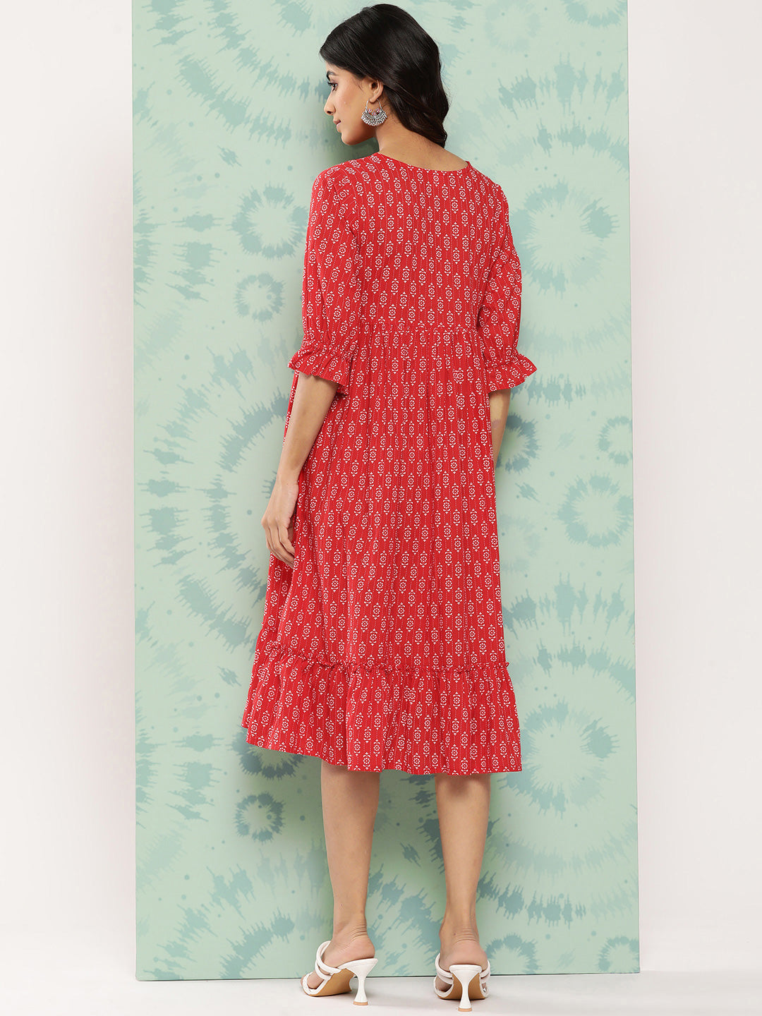 Janasya Women's Red Cotton Ethnic Motifs Printed Flared Casual Dress