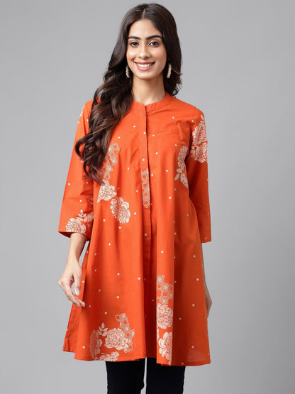 Janasya Women's Orange Cotton Floral Printed Casual Flared Tunic