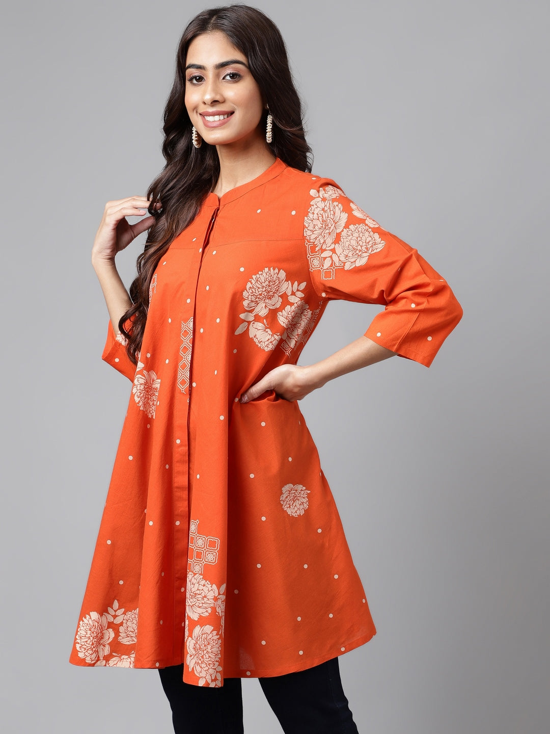 Janasya Women's Orange Cotton Floral Printed Casual Flared Tunic