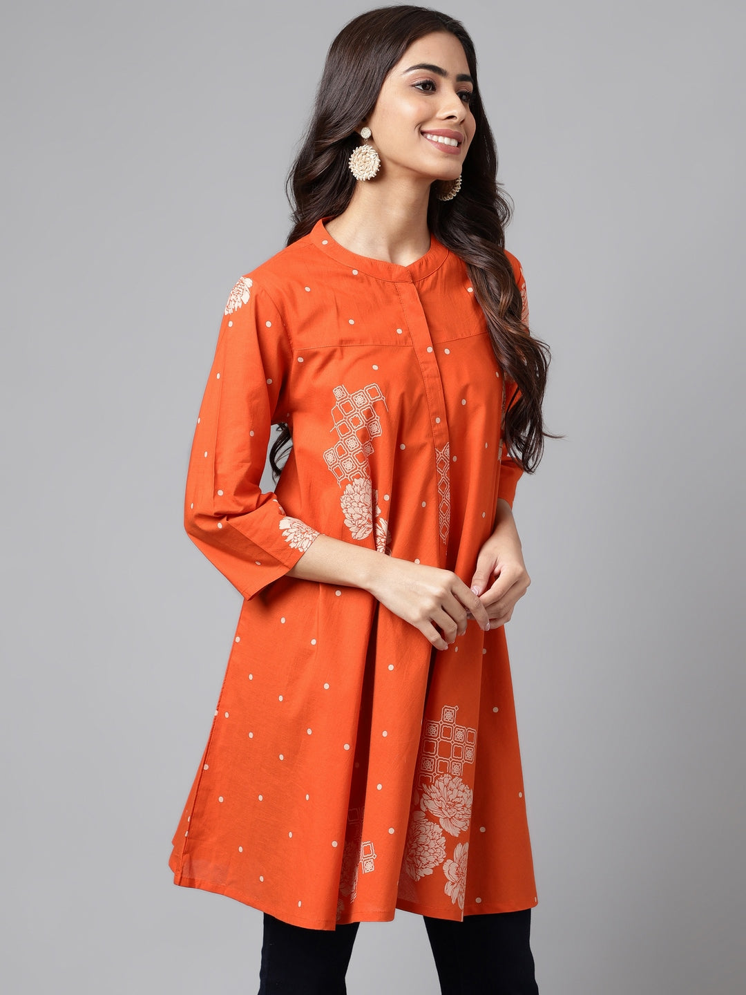 Janasya Women's Orange Cotton Floral Printed Casual Flared Tunic