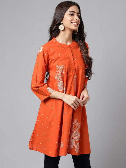Janasya Women's Orange Cotton Floral Printed Casual Flared Tunic