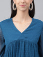 Janasya Women's Teal Blue Dobby Chiffon Solid Casual Empire Top