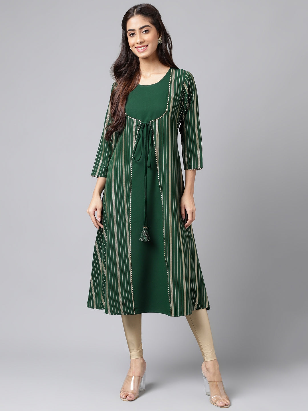 Janasya Women's Green Crepe Foil Printed Casual A-Line Kurta