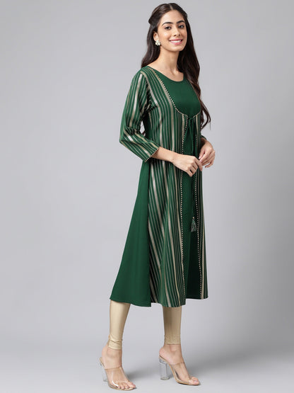 Janasya Women's Green Crepe Foil Printed Casual A-Line Kurta