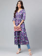 Janasya Women's Navy Blue Satin Digital Floral Printed Casual Gathered Kurta