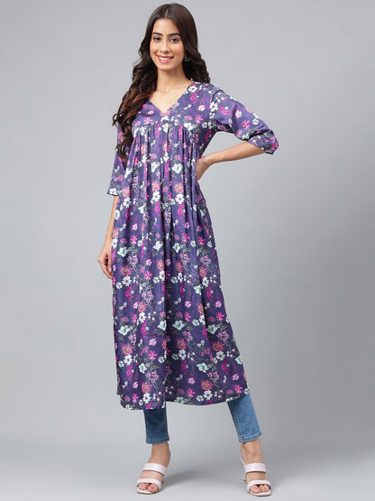 Janasya Women's Navy Blue Satin Digital Floral Printed Casual Gathered Kurta