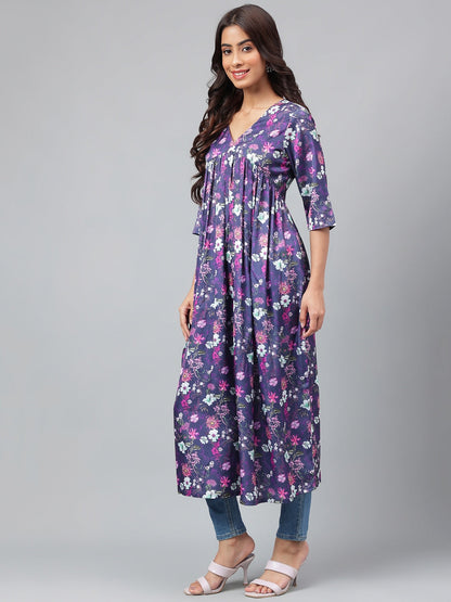 Janasya Women's Navy Blue Satin Digital Floral Printed Casual Gathered Kurta