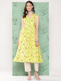 Janasya Women's Lemon Yellow Moss Digital Floral Printed Casual Gathered Kurta