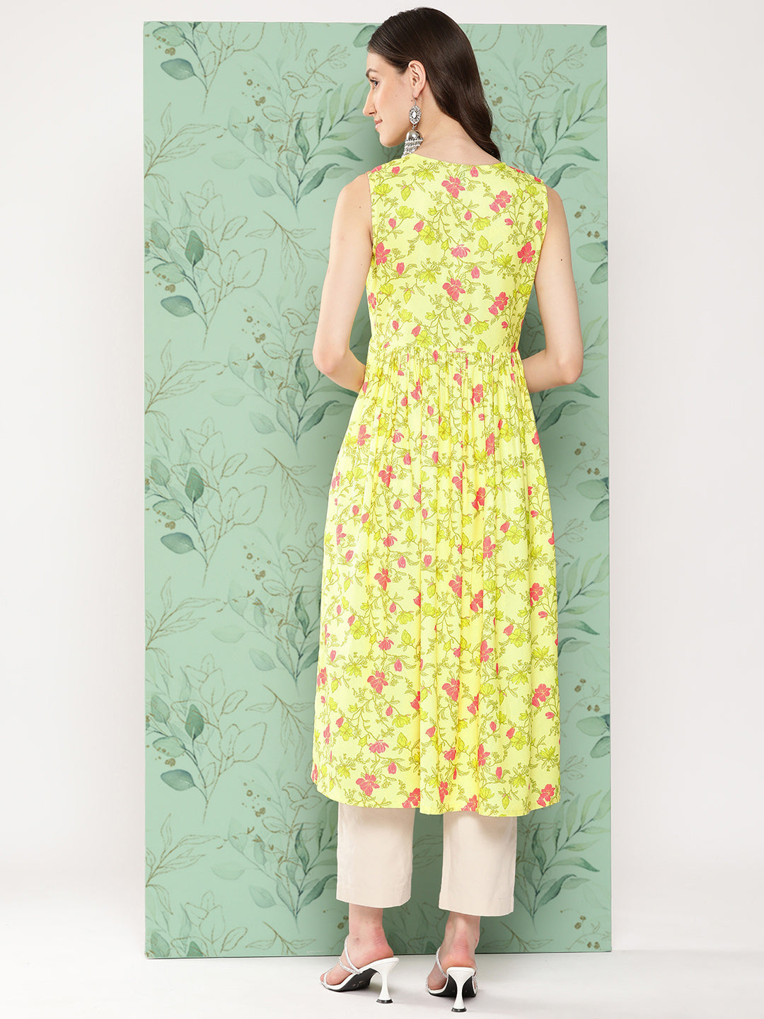 Janasya Women's Lemon Yellow Moss Digital Floral Printed Casual Gathered Kurta