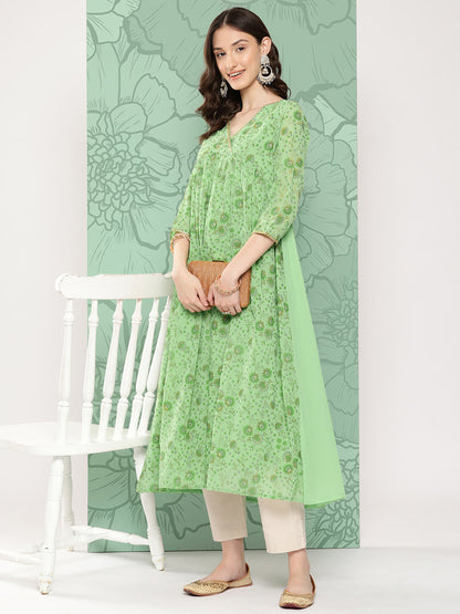 Janasya Women's Light Green Georgette Digital Floral Printed Festive Flared Kurta