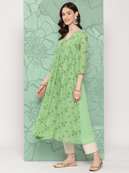 Janasya Women's Light Green Georgette Digital Floral Printed Festive Flared Kurta