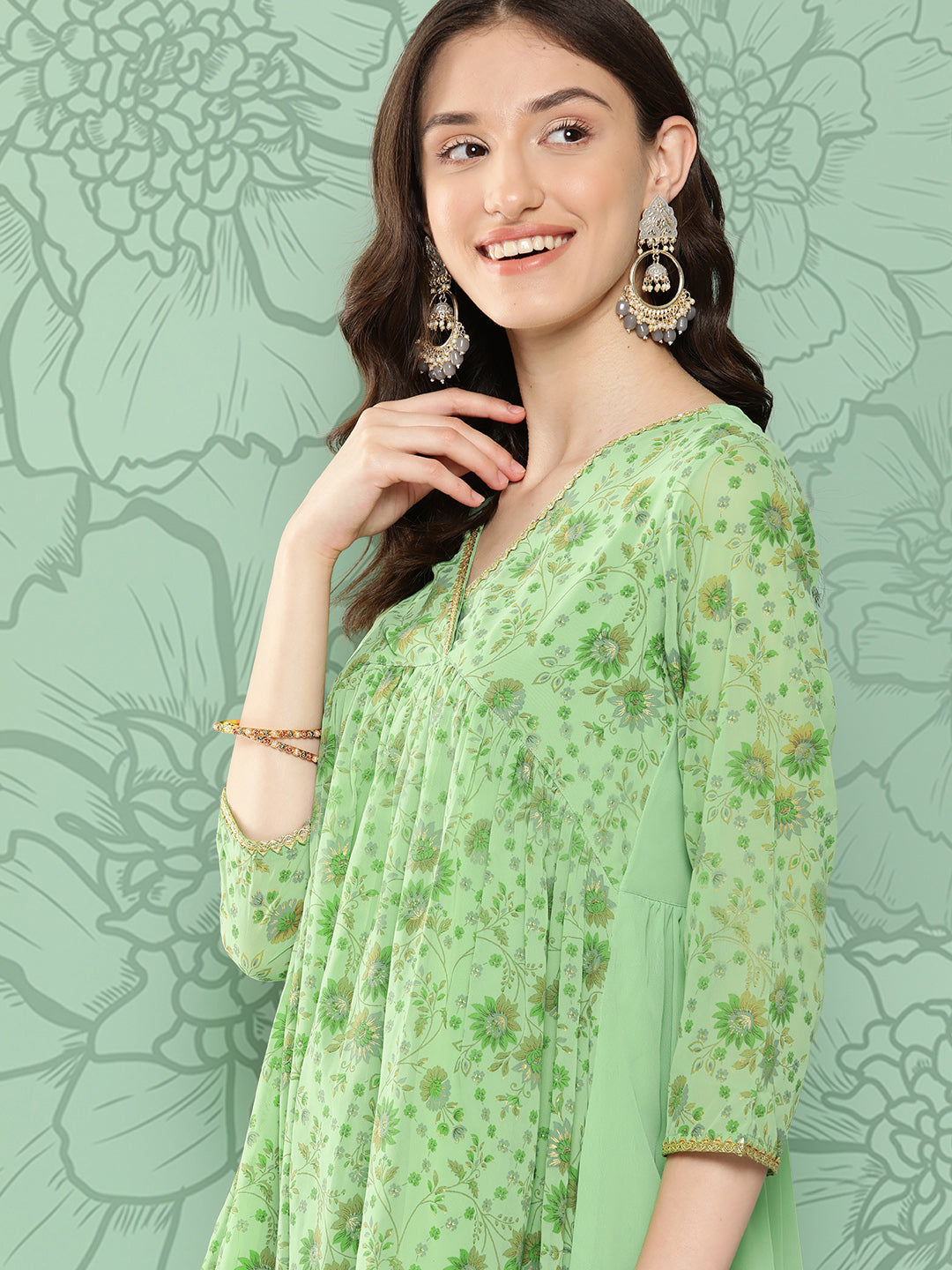 Janasya Women's Light Green Georgette Digital Floral Printed Festive Flared Kurta