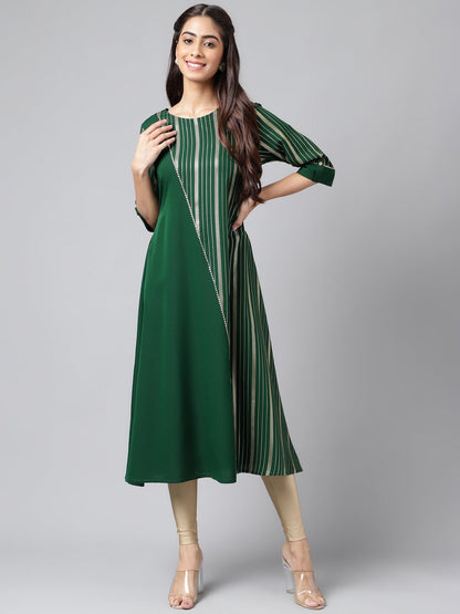Janasya Women's Dark Green Crepe Foil Printed Casual A-Line Kurta