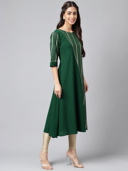 Janasya Women's Dark Green Crepe Foil Printed Casual A-Line Kurta