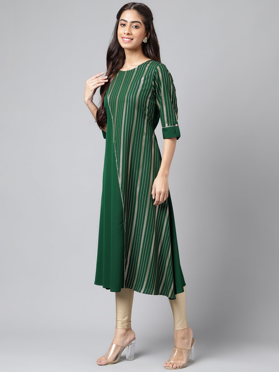 Janasya Women's Dark Green Crepe Foil Printed Casual A-Line Kurta