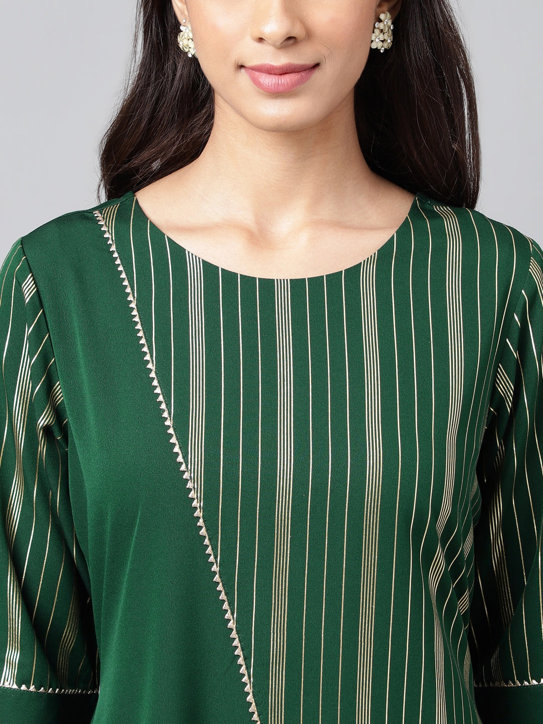 Janasya Women's Dark Green Crepe Foil Printed Casual A-Line Kurta