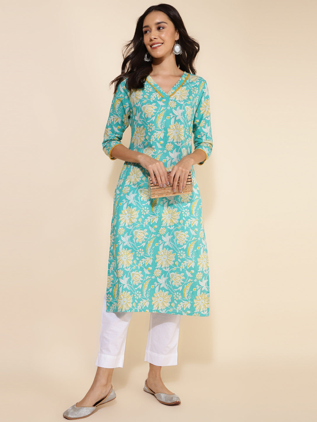 Janasya Aqua Blue Cotton Floral Printed Casual Kurta