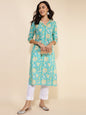 Janasya Aqua Blue Cotton Floral Printed Casual Kurta