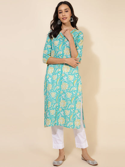 Janasya Aqua Blue Cotton Floral Printed Casual Kurta