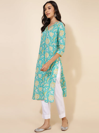 Janasya Aqua Blue Cotton Floral Printed Casual Kurta