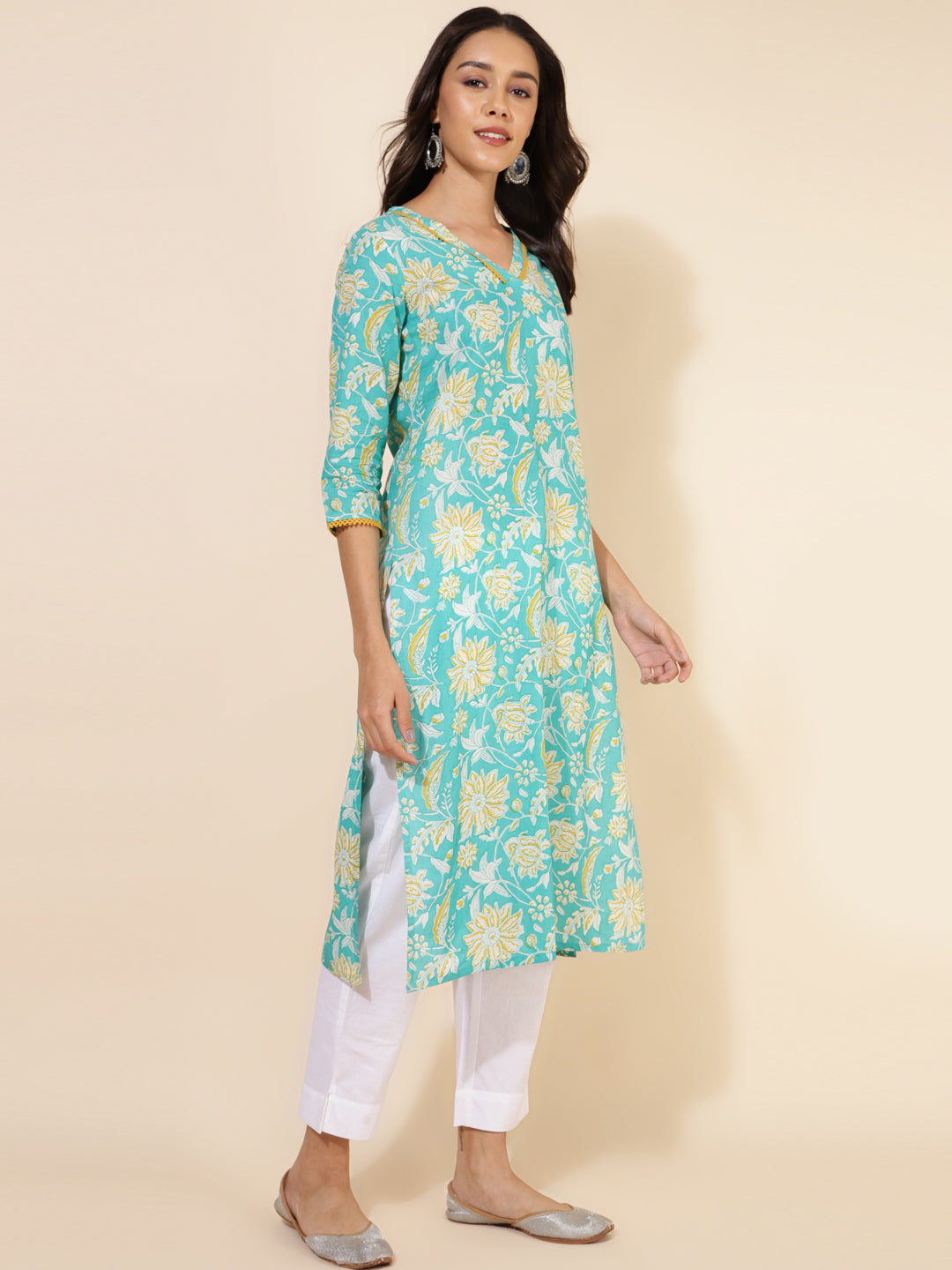 Janasya Aqua Blue Cotton Floral Printed Casual Kurta