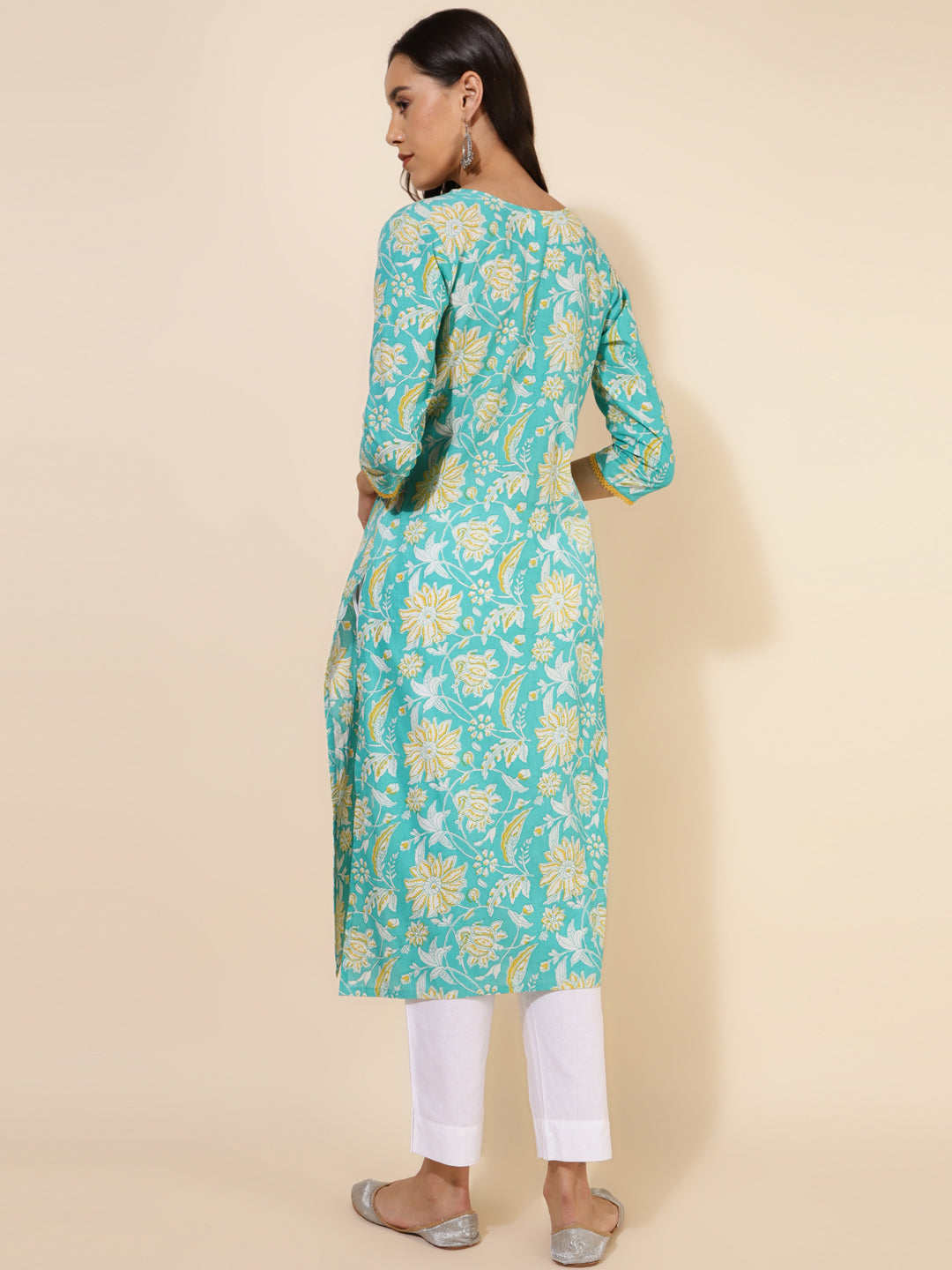 Janasya Aqua Blue Cotton Floral Printed Casual Kurta