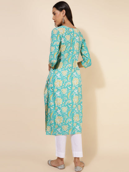 Janasya Aqua Blue Cotton Floral Printed Casual Kurta