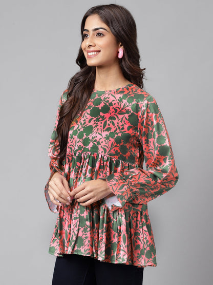 Janasya Women's Pink Satin Digital Floral Printed Casual Flared Top