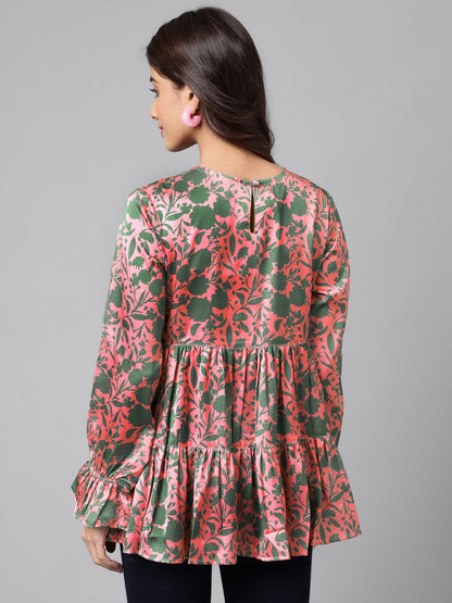 Janasya Women's Pink Satin Digital Floral Printed Casual Flared Top