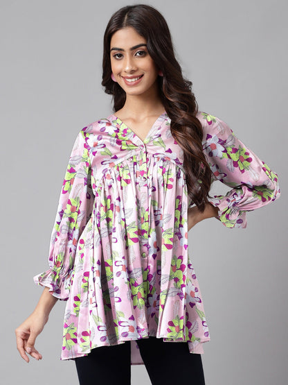 Janasya Women's Lavender Satin Digital Floral Printed Casual Flared Top