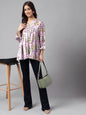 Janasya Women's Lavender Satin Digital Floral Printed Casual Flared Top
