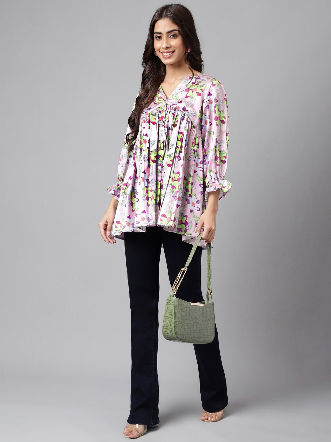 Janasya Women's Lavender Satin Digital Floral Printed Casual Flared Top